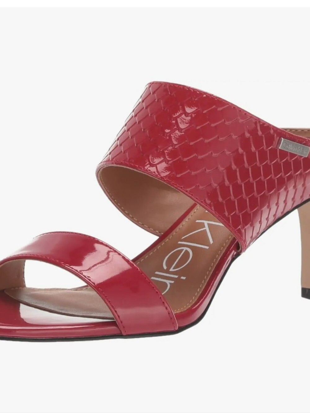 Calvin Klein Cecily Red Patent Leather Open Toe Textured Strap Slide Heel Sandal